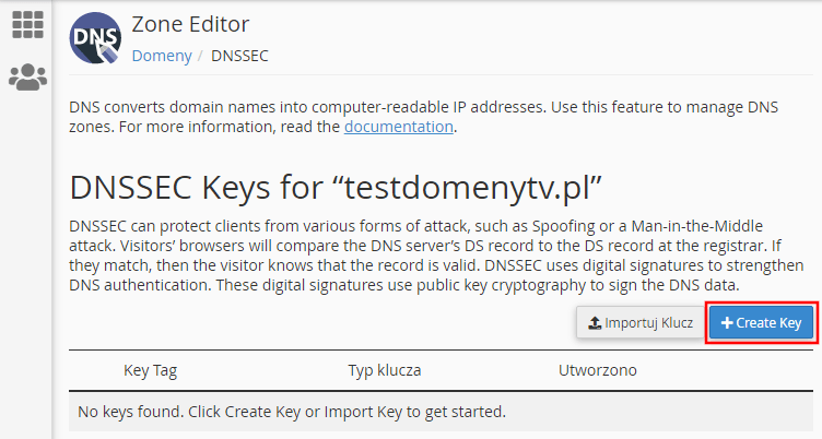 tworzenie kluczy dnssec w cPanelu 